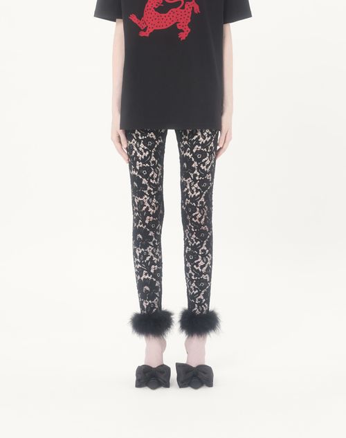 Valentino - Lace Leggings With Feathers - Black - Woman - Trousers And Shorts